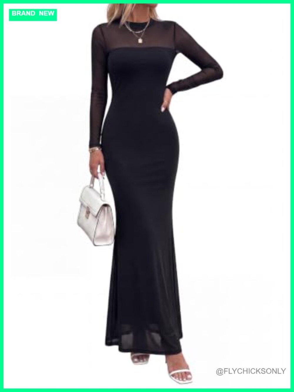 Formal Mesh Sheer Long Sleeve Maxi Dress Bodycon Cocktail Wedding Guest